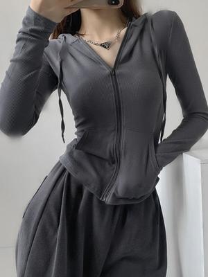 Gotická streetwear trička na zip Oversized Trička Dámské Vintage Sexy Pevný cardigan s kapucí Teplákové soupravy s dlouhým rukávem oříznuté topy