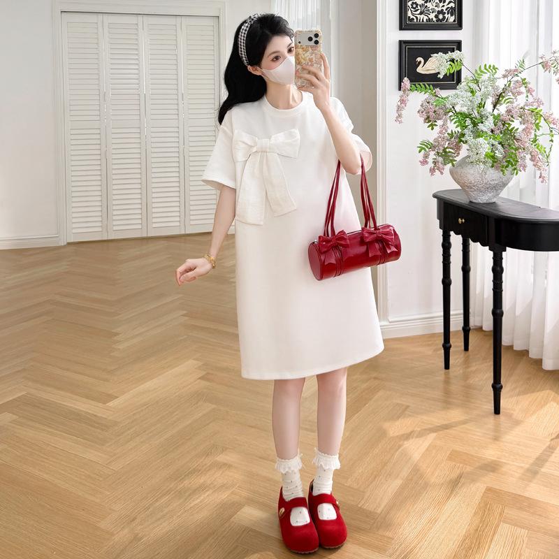 

New Summer Plus Size Bowknot T-Shirt: Loose, Slimming Maternity Dress for Women Large белый