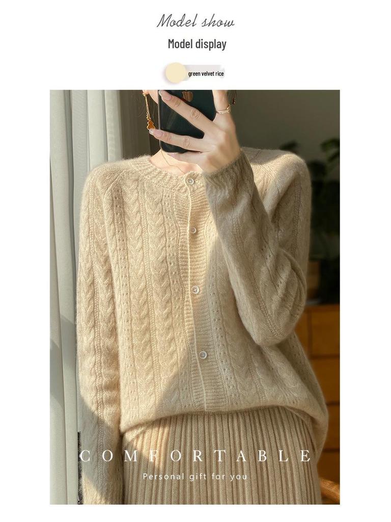 Damen 100% Wolle Lochkabelstrick-Cardigan - Lockere Passform für Herbst/Winter