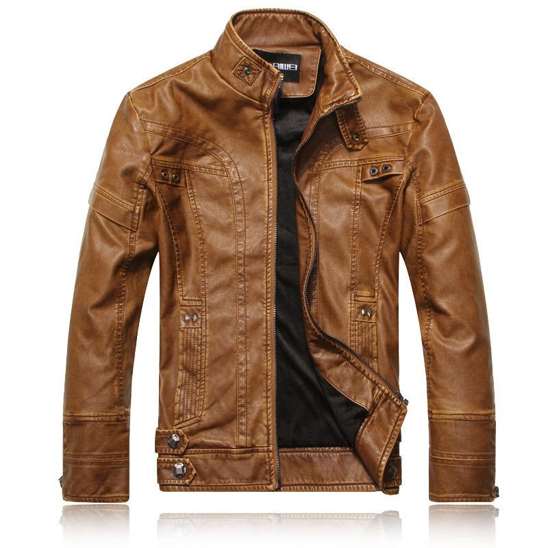 Men's PU Leather Jacket, Fashionable Motorcycle Leather Jacket, Velvet Retro Style Men's Stand Collar Leather Jacket