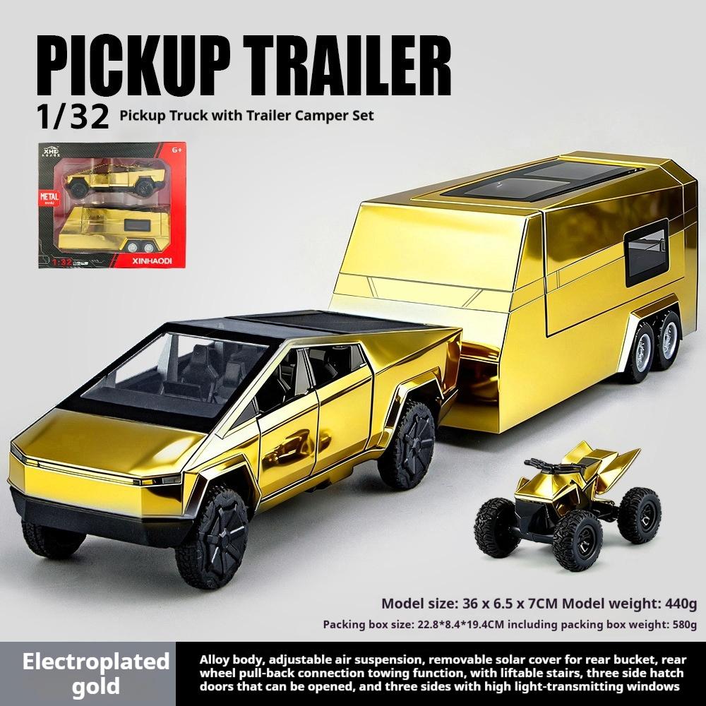 1:32 Tesla Cybertruck Camper Gold-Color Set - Pull-Back & Sound/Light Alloy Model, Collector‘s Showpiece