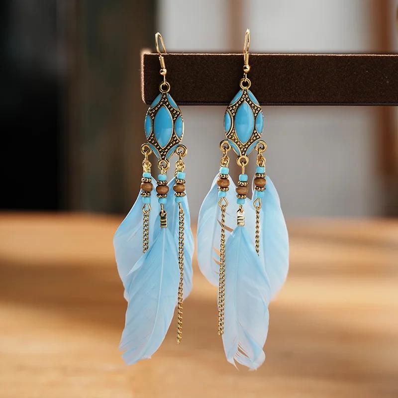 Bohemian Ethnic Feather Earrings For Women Long Tassel Beads Handmade Drop Dangle Earrings Girl Fashion Wedding Jewelry Gift