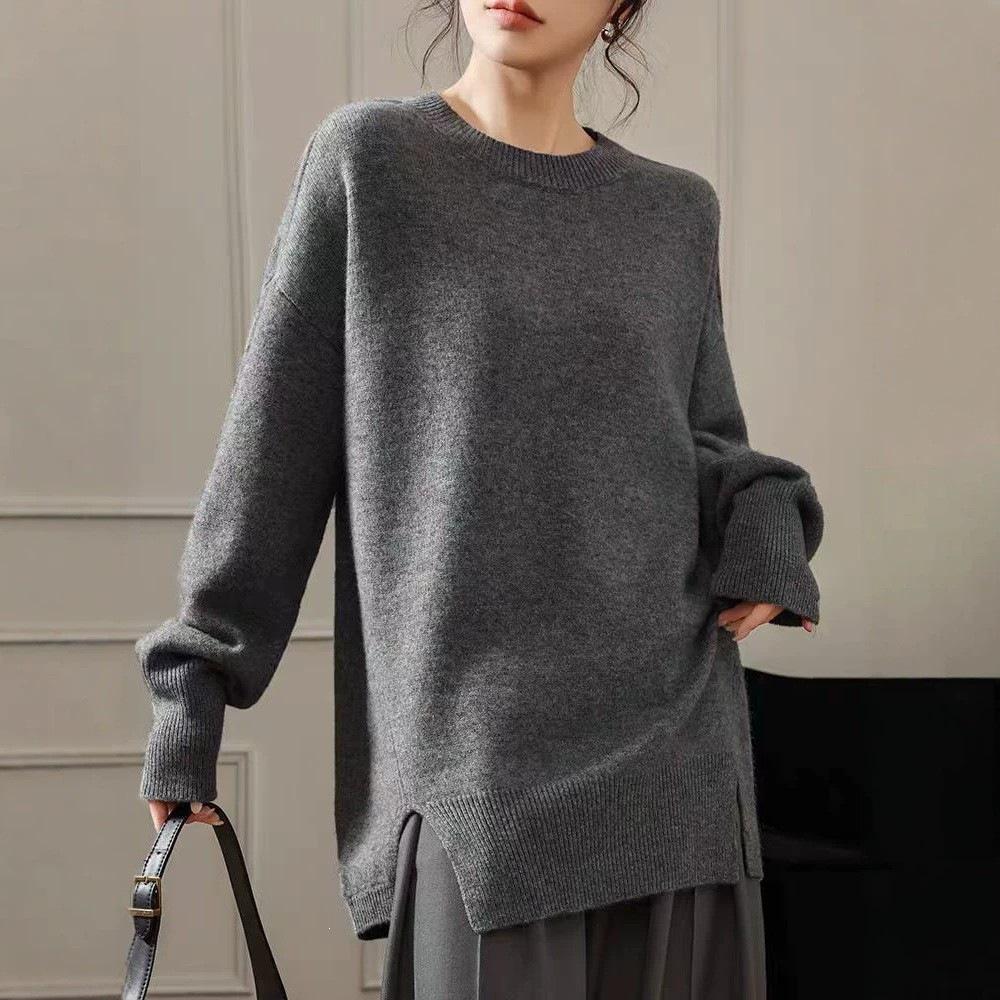 Women's Plus Size Round Neck Sweater - Autumn/Winter Solid Color Knit with Slit Design