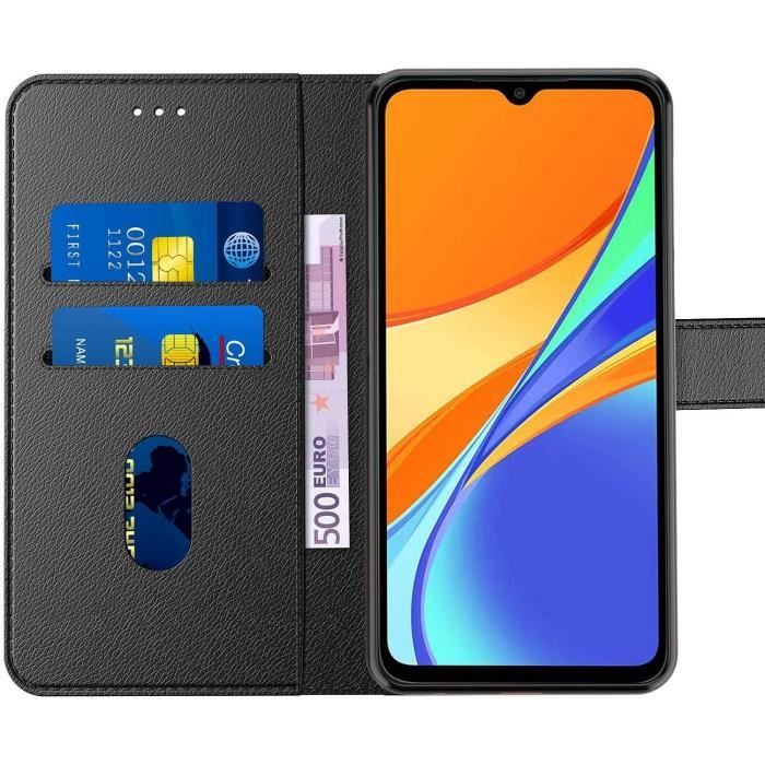 Coque pour Redmi 9C (5,7") Verre Trempé Inclus Effet Cuir Noir design Tendance Fermeture Magnétique Bordure Renforcée