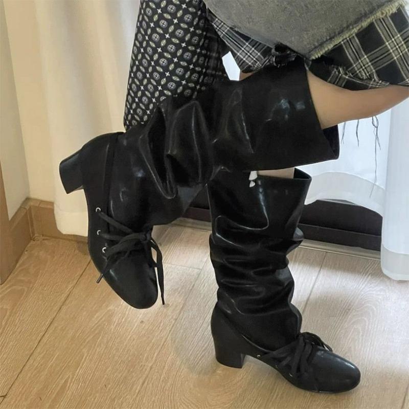 New Women's Chunky Leather Flats & Knee Boots - Square Toe Loose Fit Spring-Autumn Casual Shoes with Pleated Pants Zapatos Mujer