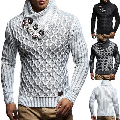 Men's Casual Solid-color Patchwork Long-sleeved Sweater, Men's High-neck Plaid Knitted Sweater In The Of A Scarf