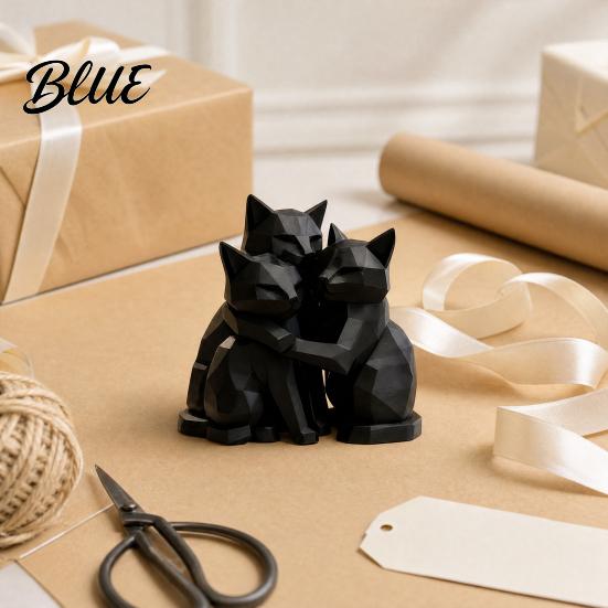 Hugging Cat Statue 3D Printed Black Figurine, Three Geometric Statue, Modern Animal Shape Sculpture for Home Office Bookshelf