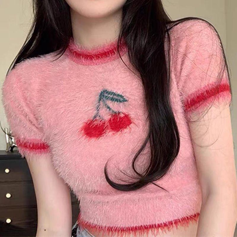 

Soft Glutinous Mink-like Wool Cherry Sweater with Short Sleeves Knitwear Women s Autumn New Arrival Silm Short All-Match Sexy Bottoming Shirt Pink M