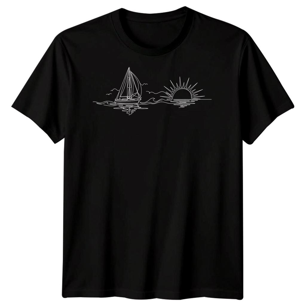 Segelboot Sonnenuntergang Segeln Reise Unisex T-Shirt Ozean Linienkunst
