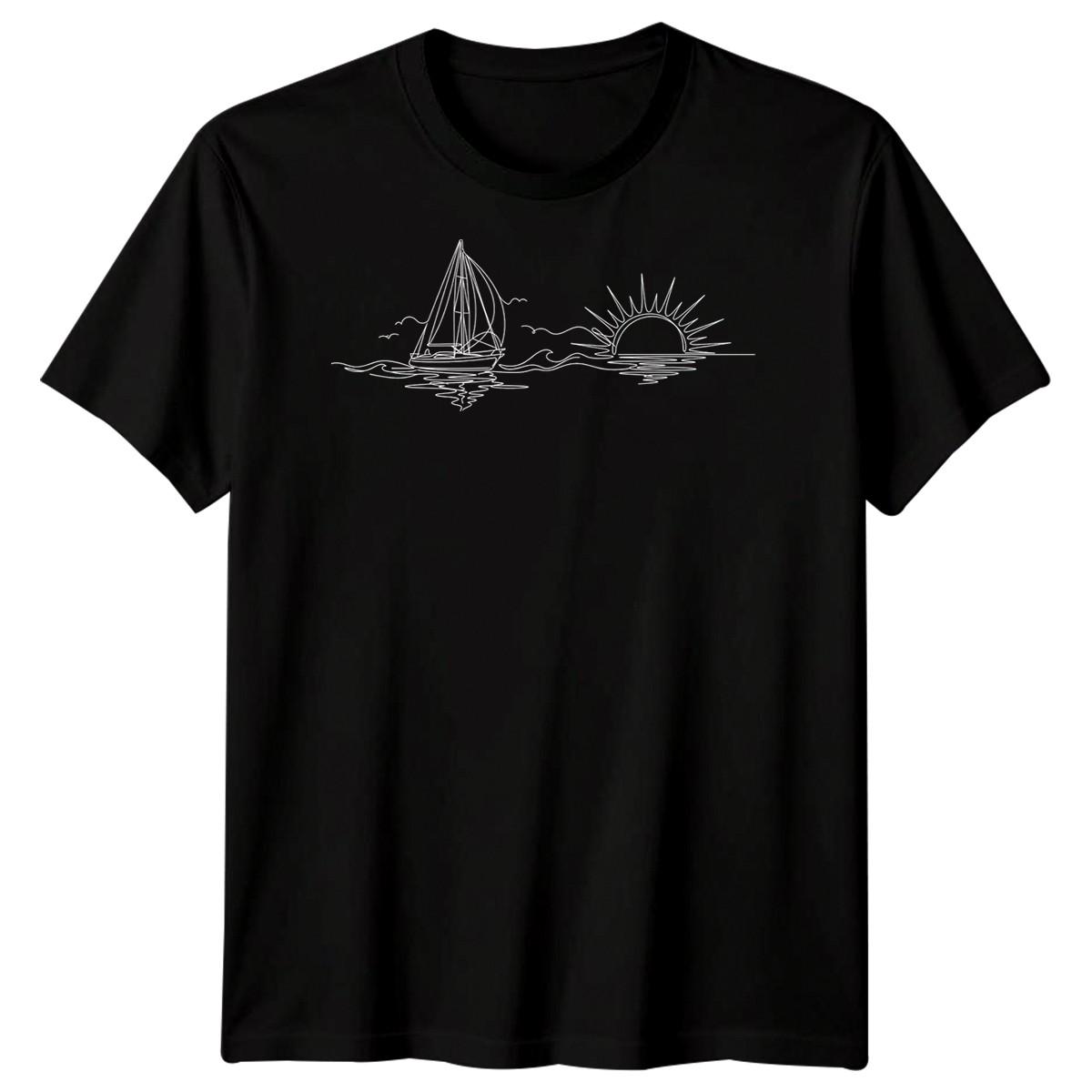 Sailboat Sunset Sailing Travel Mens T-Shirt Ocean Line Art XXL