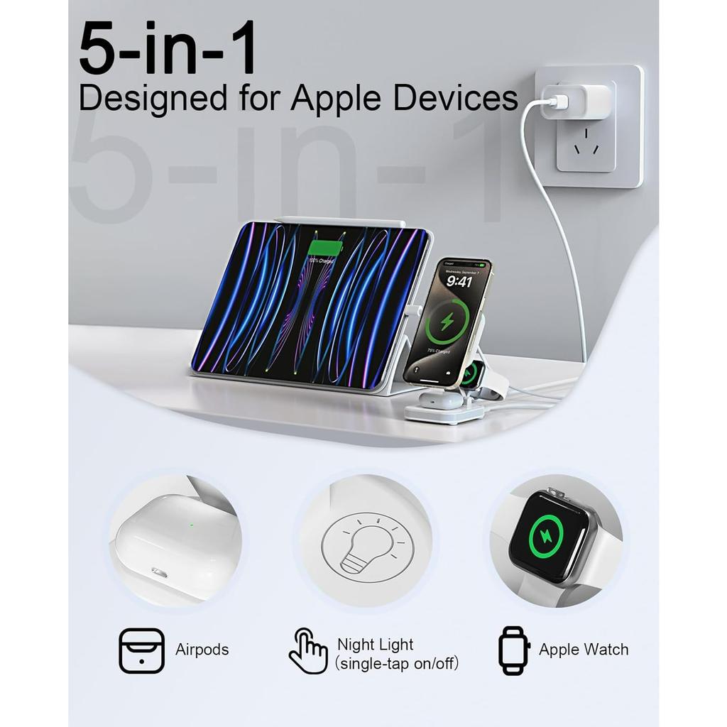 5-in-1 Magnetic Wireless Charging Stand for Apple MagSafe Charger with Night Light for  Watch,  Travel Magnetic Charger Nightstand Charging Station
