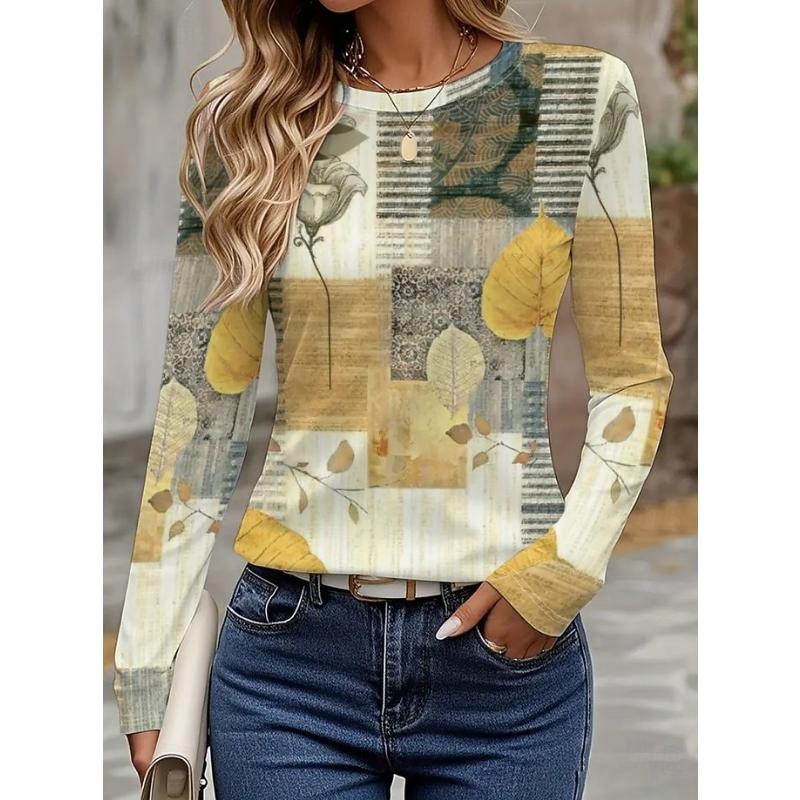 Women's T shirt Long Sleeve Crew Neck Long Sleeve Tunic Modern Casual Geometric Print Regular Tops