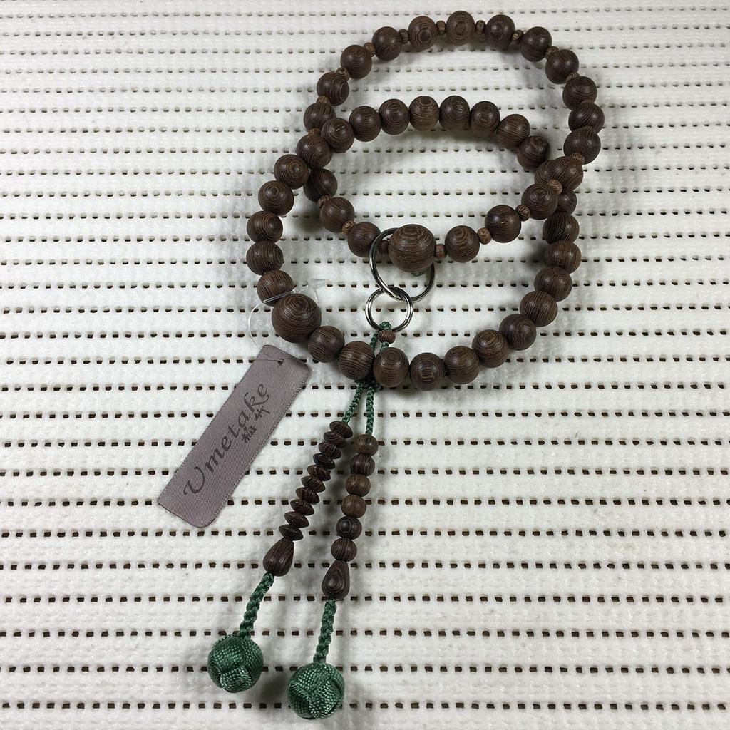 Umetake Men's 9-inch Jodo Buddhist Prayer Beads, Ironwood, Green, Odamaki Bonten Design