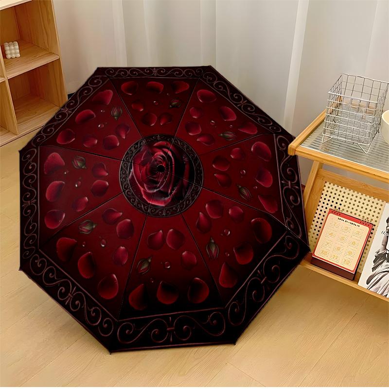 

Red Rose Ornate Circular Design Theme Automatic Umbrella Compact 8-Rib Design Sturdy Construction Durable Umbrella Stylish Accessory