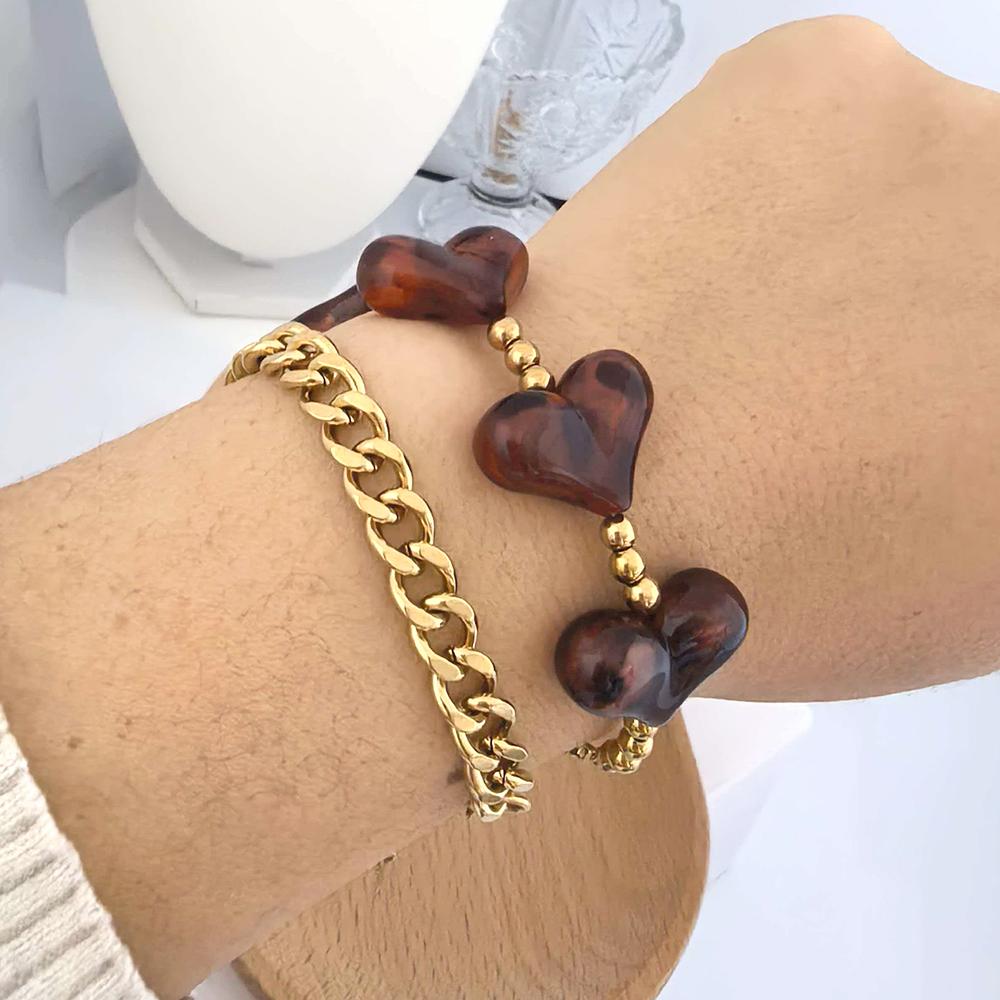 Heart Leopard Print Bracelet Women Resin Stainless Steel Thick Chain Geometric Gold Beads Statement Coffee Trendy