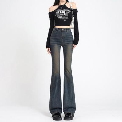 Pantaloni jeans neutri dulci și picanți spălați micro-evazați nou toamnă-primăvară la modă versatili pantaloni jeans micro-evazați în formă de potcoavă