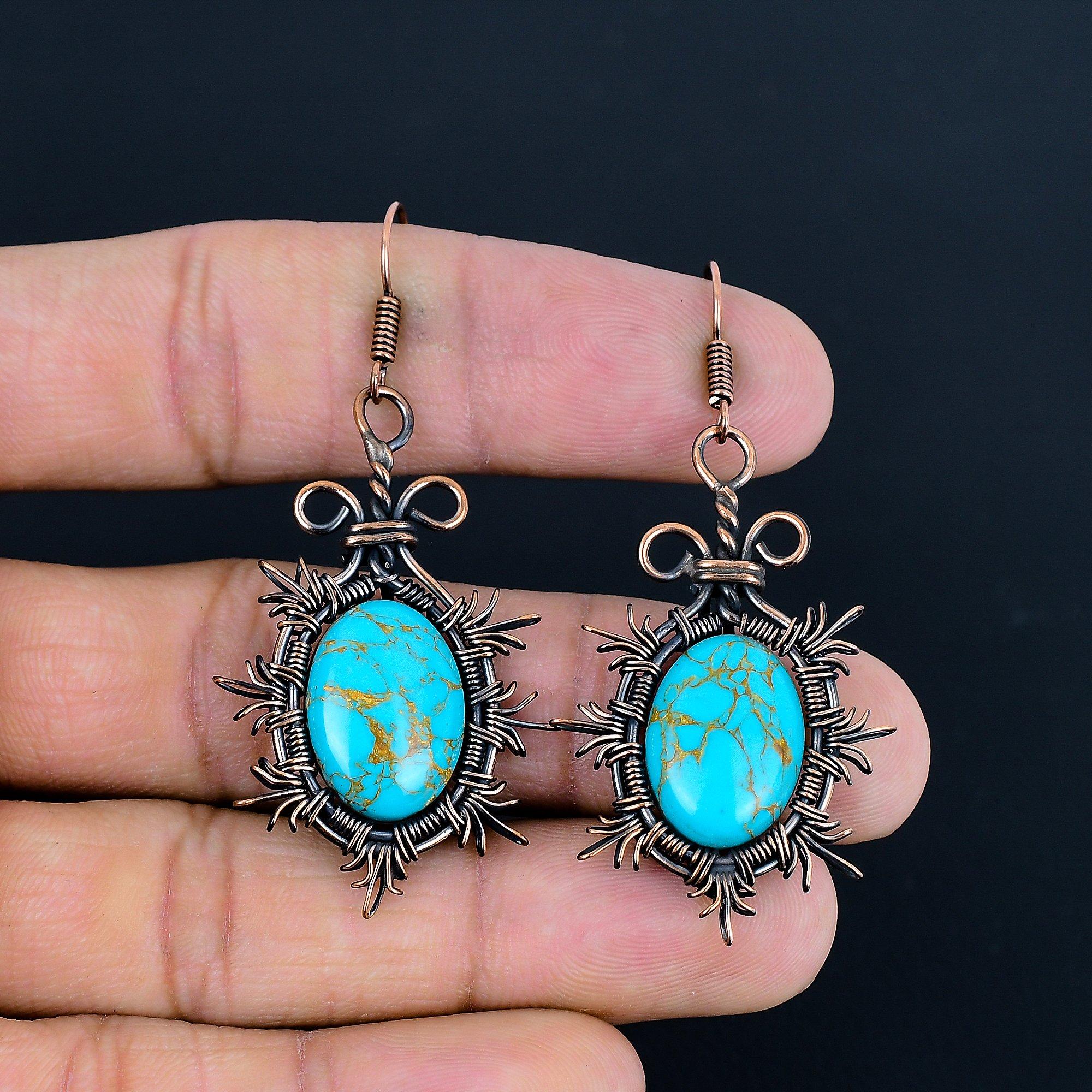 

Серьги из голубой медной бирюзы ручной работы, обернутые медной проволокой 999 пробы, антикварные украшения, для подарка на помолвку 2.36 Inches