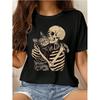 Halloween Skull and Cat Print Black T Shirt Casual Comfortable Women Crew Neck Short Sleeve T-shirt Gothic Vintage Y2k Tees Tops