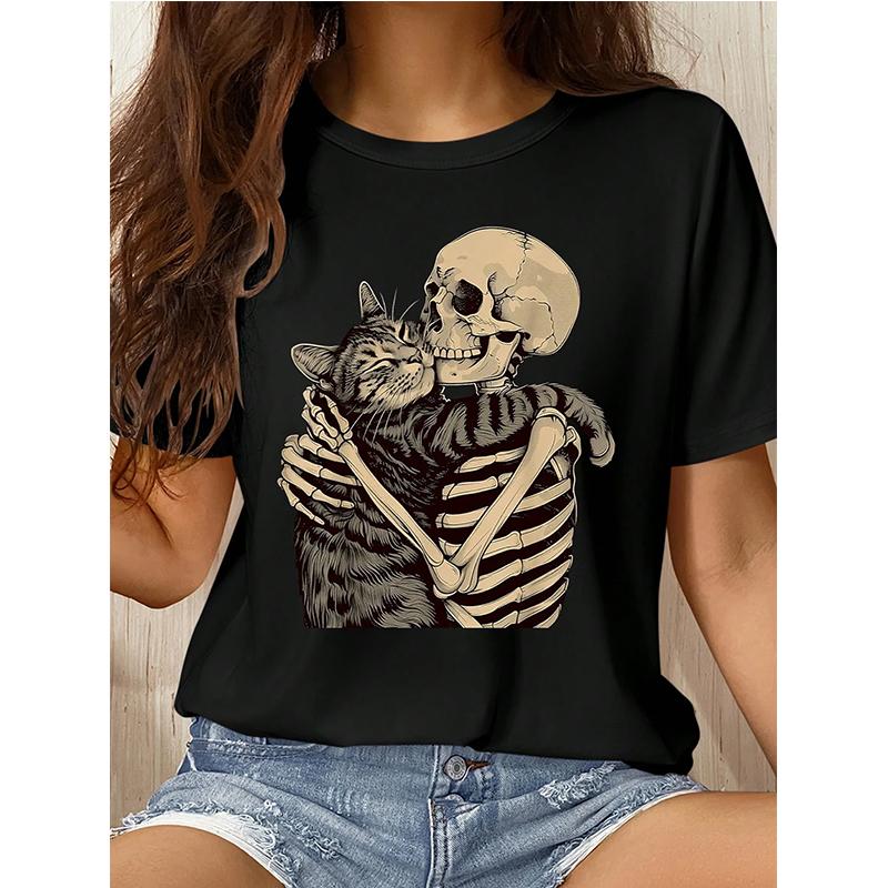 

Halloween Skull and Cat Print Black T Shirt Casual Comfortable Women Crew Neck Short Sleeve T-shirt Gothic Vintage Y2k Tees Tops 5XL