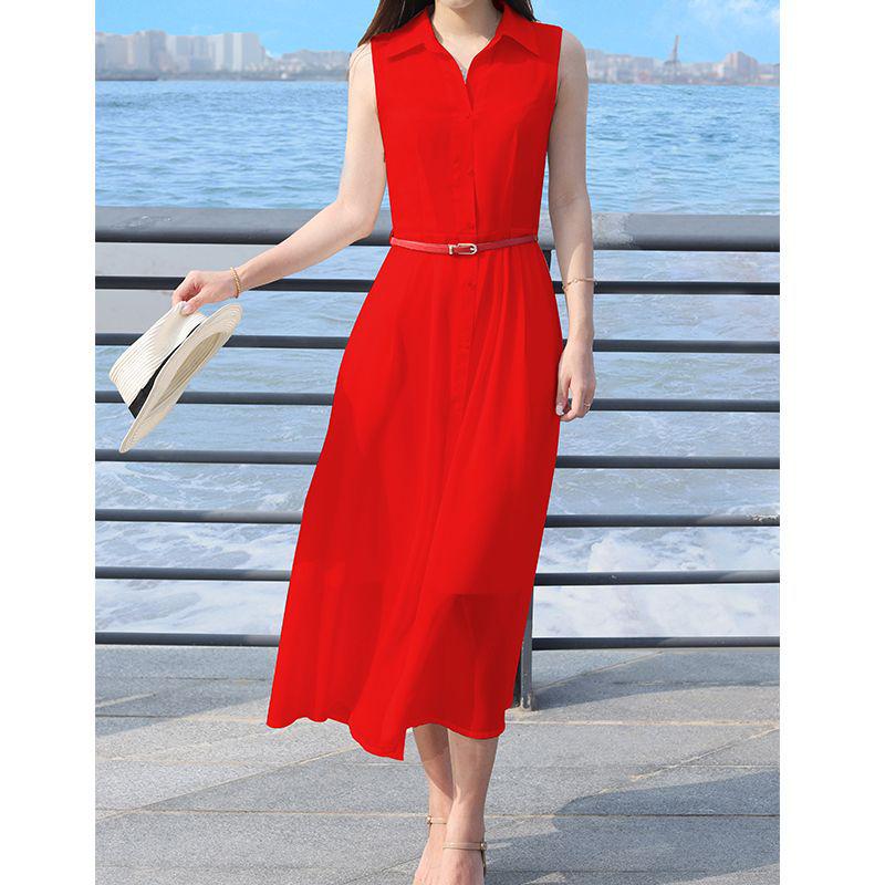 Solid Color Sleeveless Chiffon Dress with Shirt Collar - Slimming and Stylish Fairy Design for the Holidays