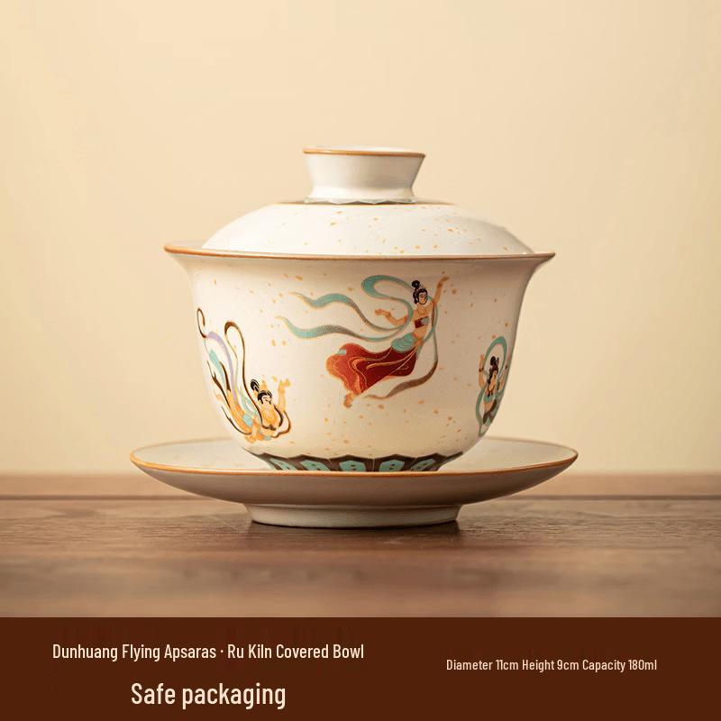 Dunhuang Flying Apsaras Ru Kiln Sancai Gaiwan Ceramic Tea Set