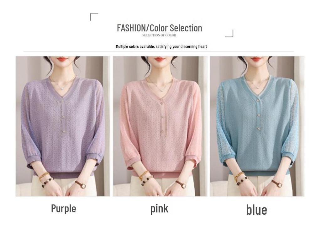 Stylish Casual V-neck Hollow Knit Top for Middle-Aged Women