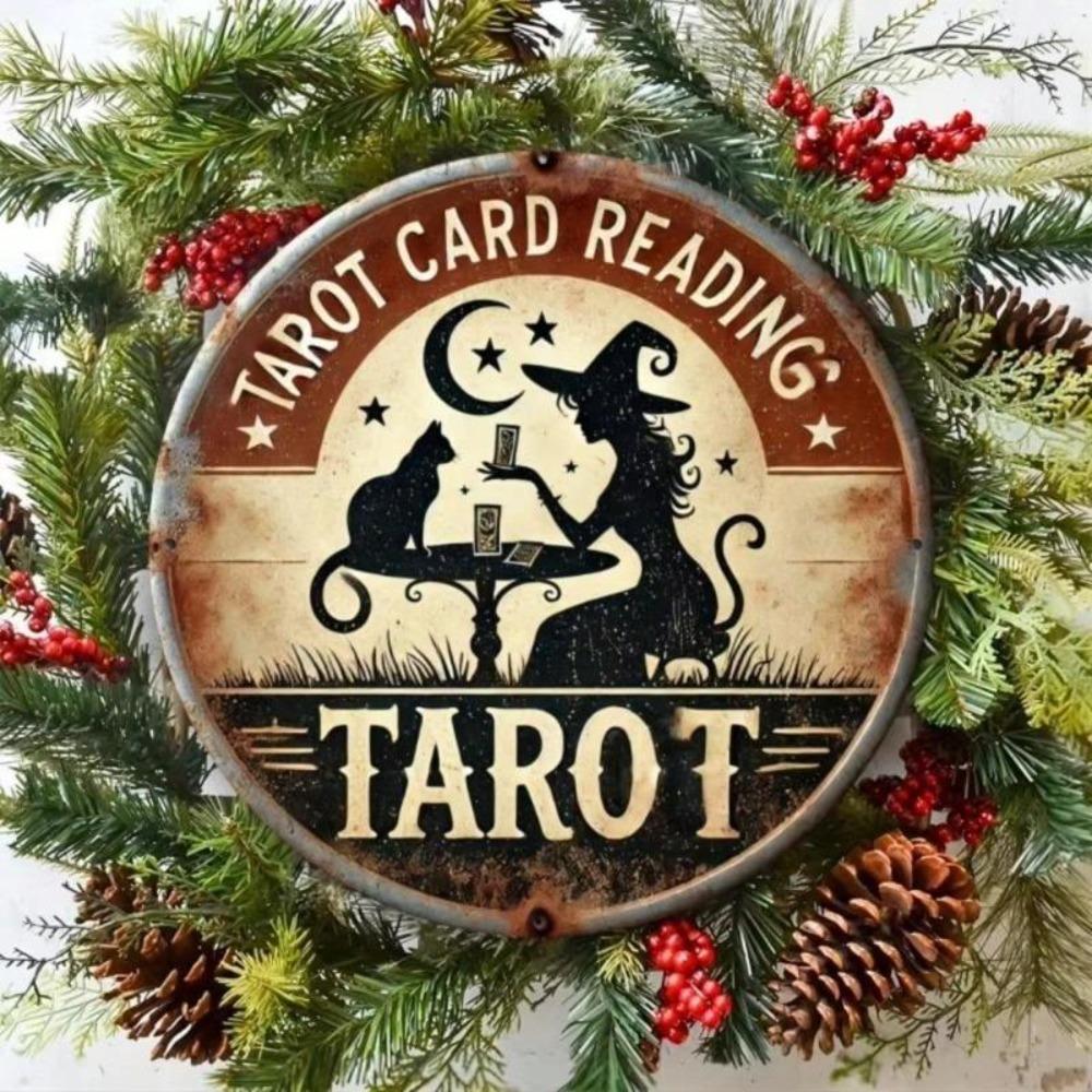 Metal Tarot Witch Cat Sign 1 Piece Vintage Iron Art Round Home Office Wall Decor 20cm