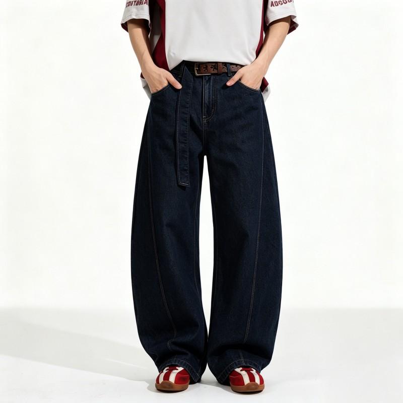 Men Women Straight Cut Denim Pants Deep Blue Washed Cotton Low Rise Casual Trousers