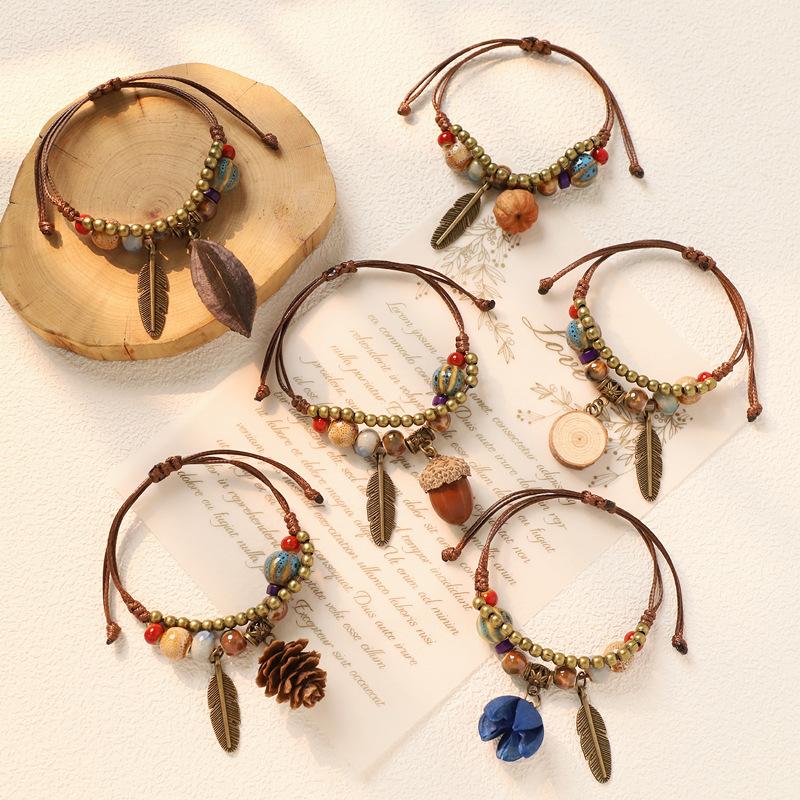 Adjustable Hand Woven Bracelets Women Ceramics Natural Plant Acorn Hand Strap Vintage Forest Series Beaded Rope Chain