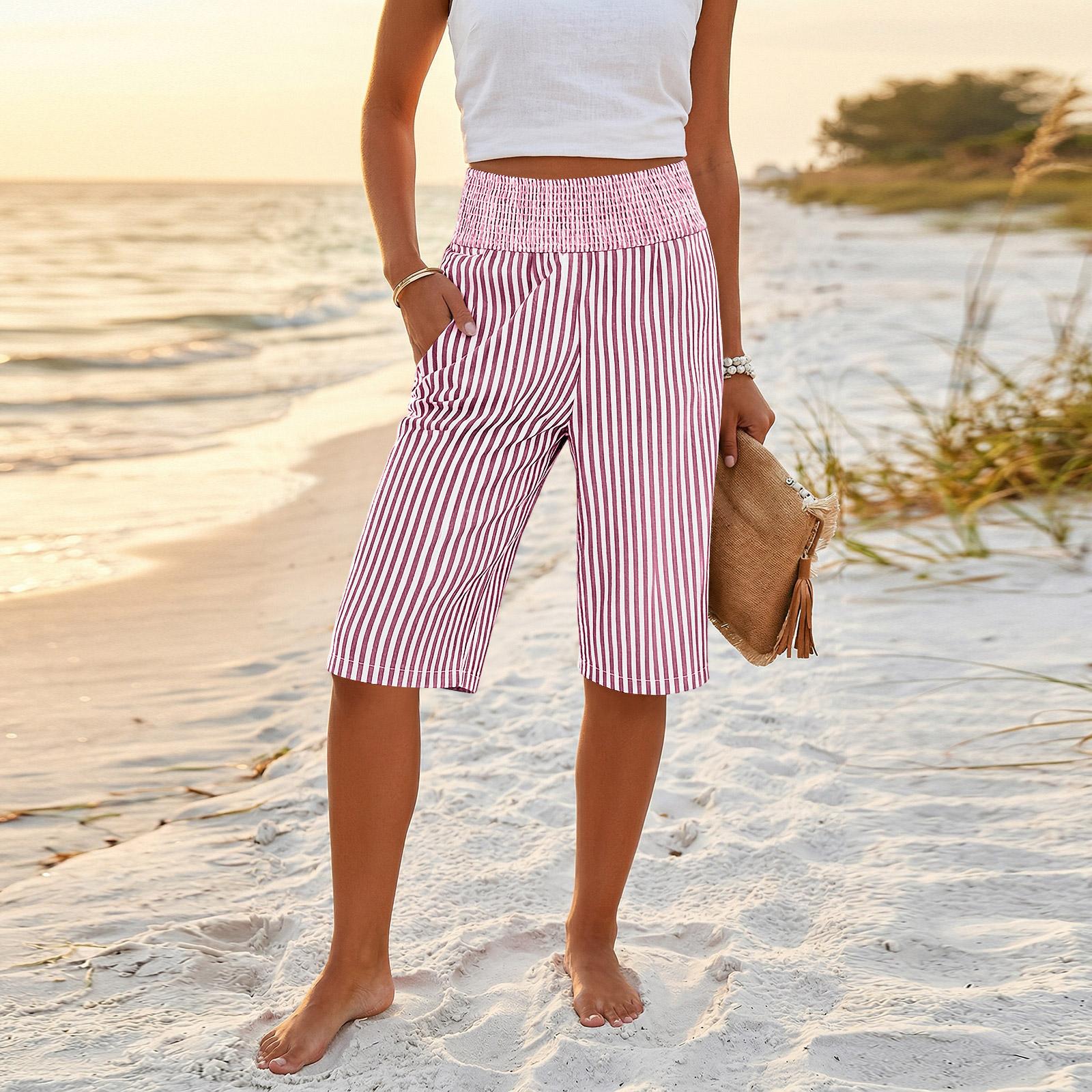 Womens Palazzo Pants Summer Casual Flowy Wide Leg Trousers Beach Travel Vacation Outfits XL розовый