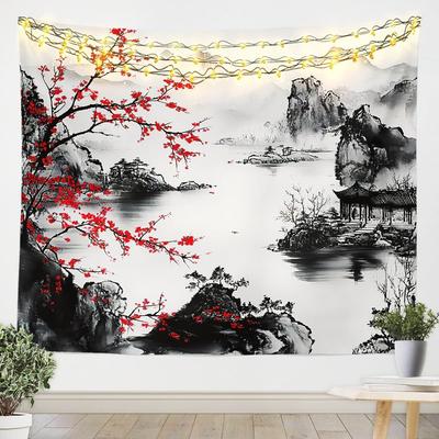 Traditional Chinese Painting Tapestry, Misty Mountains With Red Plum Blossoms And Water Pavilion Wall Art For Asian Aesthetic