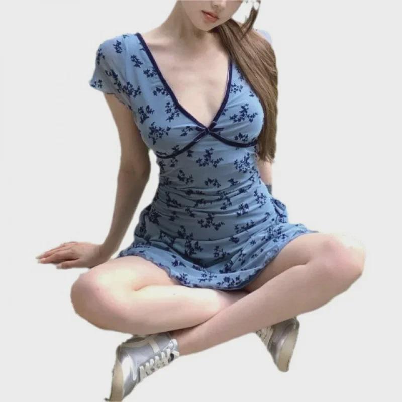 2024 Rochie scurtă în formă de A, retro, florală, în V adânc, pentru slăbire