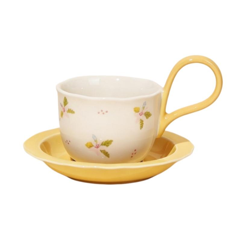 

SOLECASA 280ML Coffee Cup and Saucer Set Floral/Letter Ceramic Mugs with Creative Handle Afternoon Tea Water Cups Home Drinkware