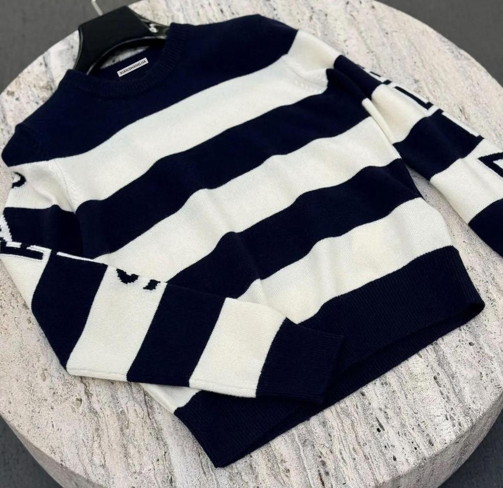 Women's Celebrity Style Color Block Striped Letter Knit Sweater - Round Neck, Long Sleeve, Versatile Pullover for Autumn/Winter