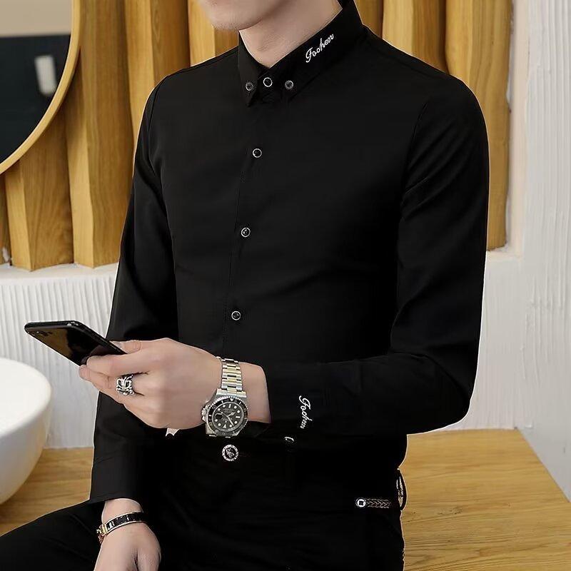 Men'S Slim Fit Long Sleeved Shirt, Personalized, No Iron, Casual, Big Neck, High Neck, Solid Color, Versatile Shirt, 2024 Spring And Autumn