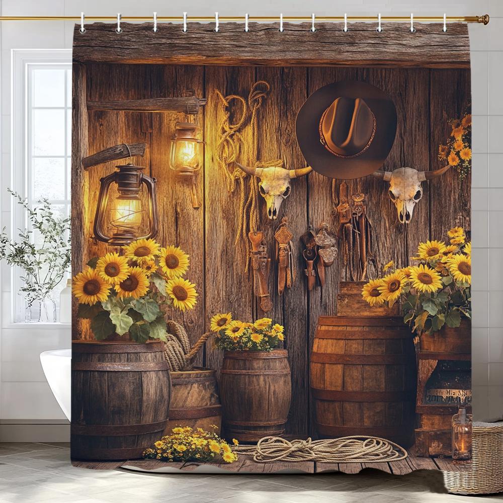 Flower Scenery Of Rural Farmhouse Shower Curtain, Bathroom Decorative Shower Curtain, Home Decorative Curtain With Hooks