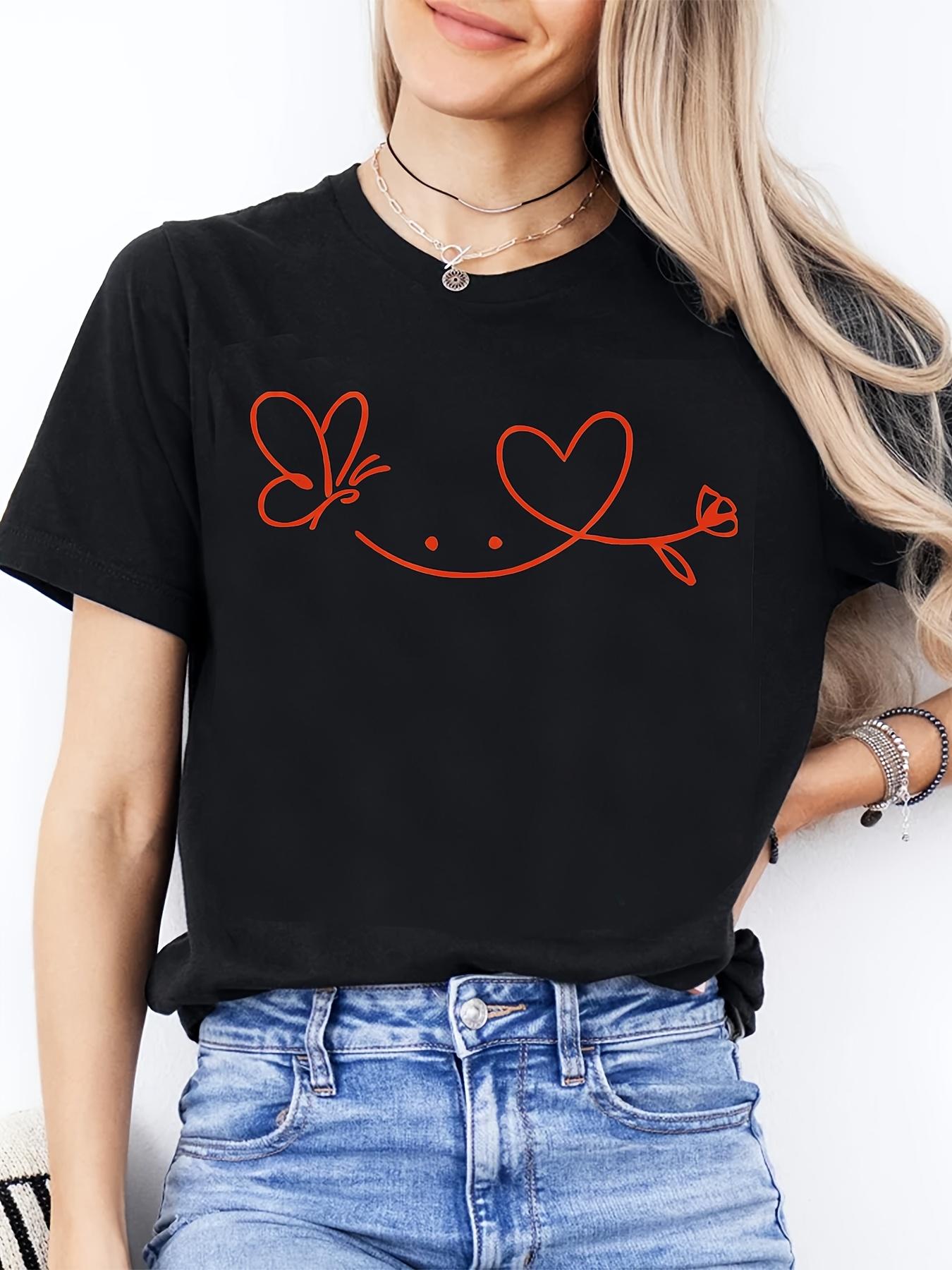 2026 Valentines Day Womens Casual with Heart Butterfly Print Sleeve Round Neck Blouse RoUnisextic Love Design Top for Valentines S