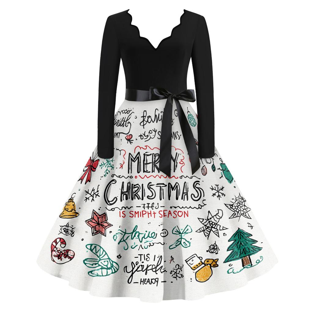 Women's Casual Fashion V Neck Christmas Printed Vintage Dress