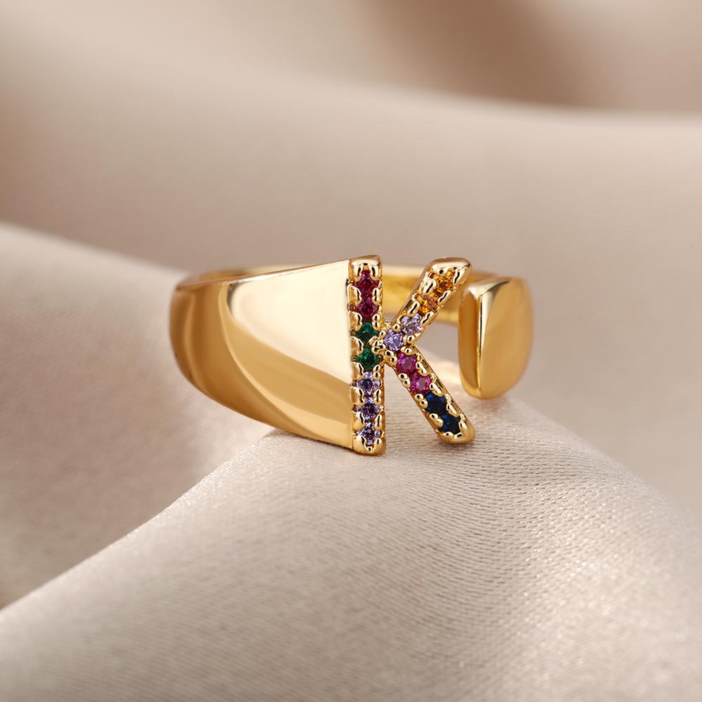 Rainbow Zircon Letter Rings For Women Mote Chunky Bred Letter AZ Rustfritt stål Ring Bryllup Boho Smykker Gave 2024