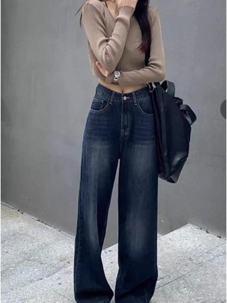 Women's High Waist Wide-Leg Jeans - Slimming Pear Shape, Plus Size, Floor-Length Drape, Spring/Autumn Style.