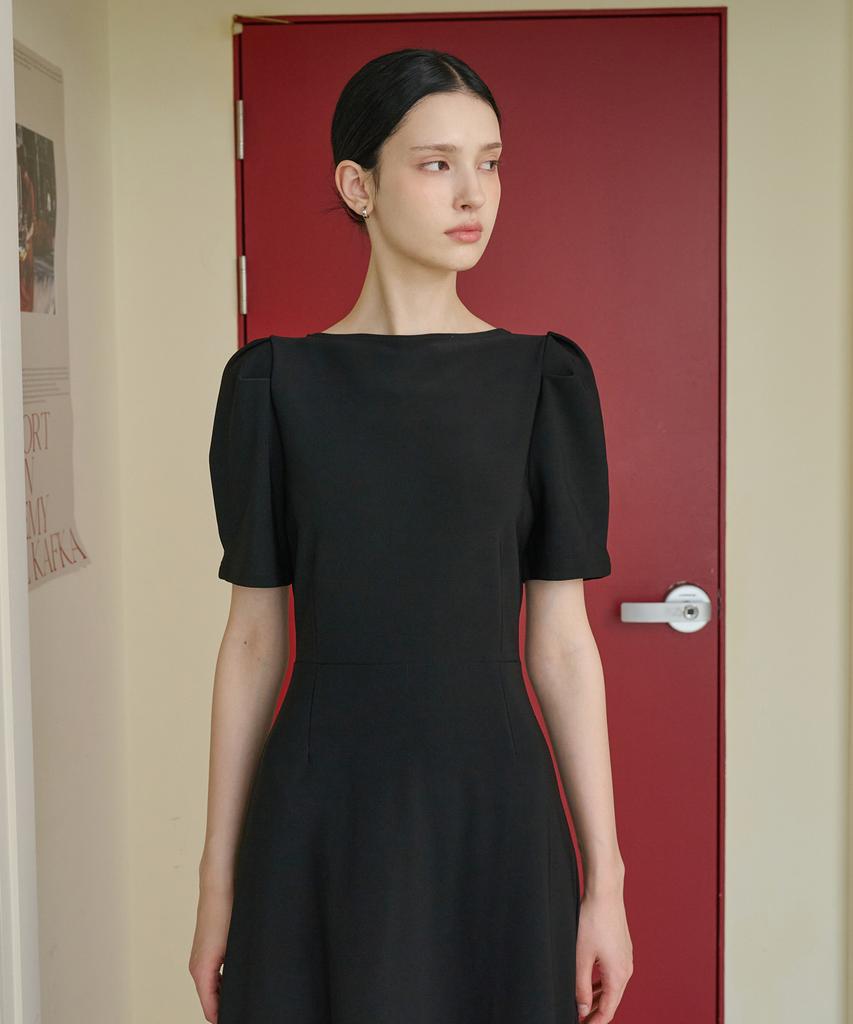 Bye Bye Seop Boat Neck Puff Long Dress Black [T43]