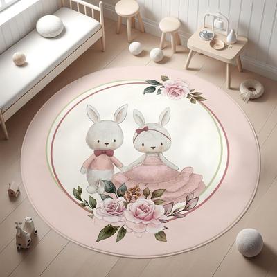 Cute Rabbit Print Round Area Rug for Kids Bedroom Anti Slip Washable Carpet for Home Living Room Round Floor Mat
