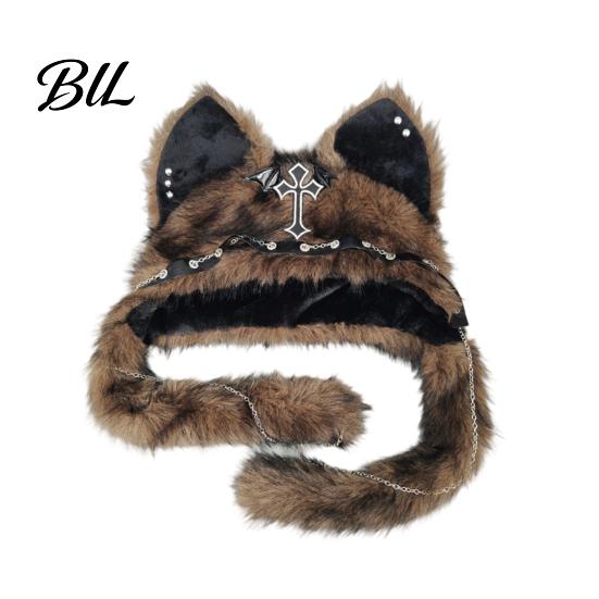 Accessoires de Cosplay Uniques Chapeau Animal en Peluche Mignon, Couvre-chef Oreilles de Chat Poilues, Chapeau Chaud d'Hiver Casquette Douce pour Costume de Fête d'Halloween, Couvre-chef