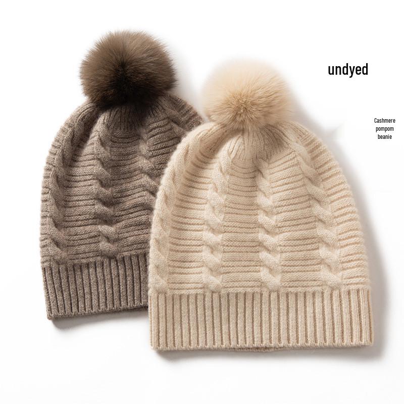 Damen Kaschmir Bommelmütze - Warm, Ohrenschützend Gestrickt für Herbst & Winter