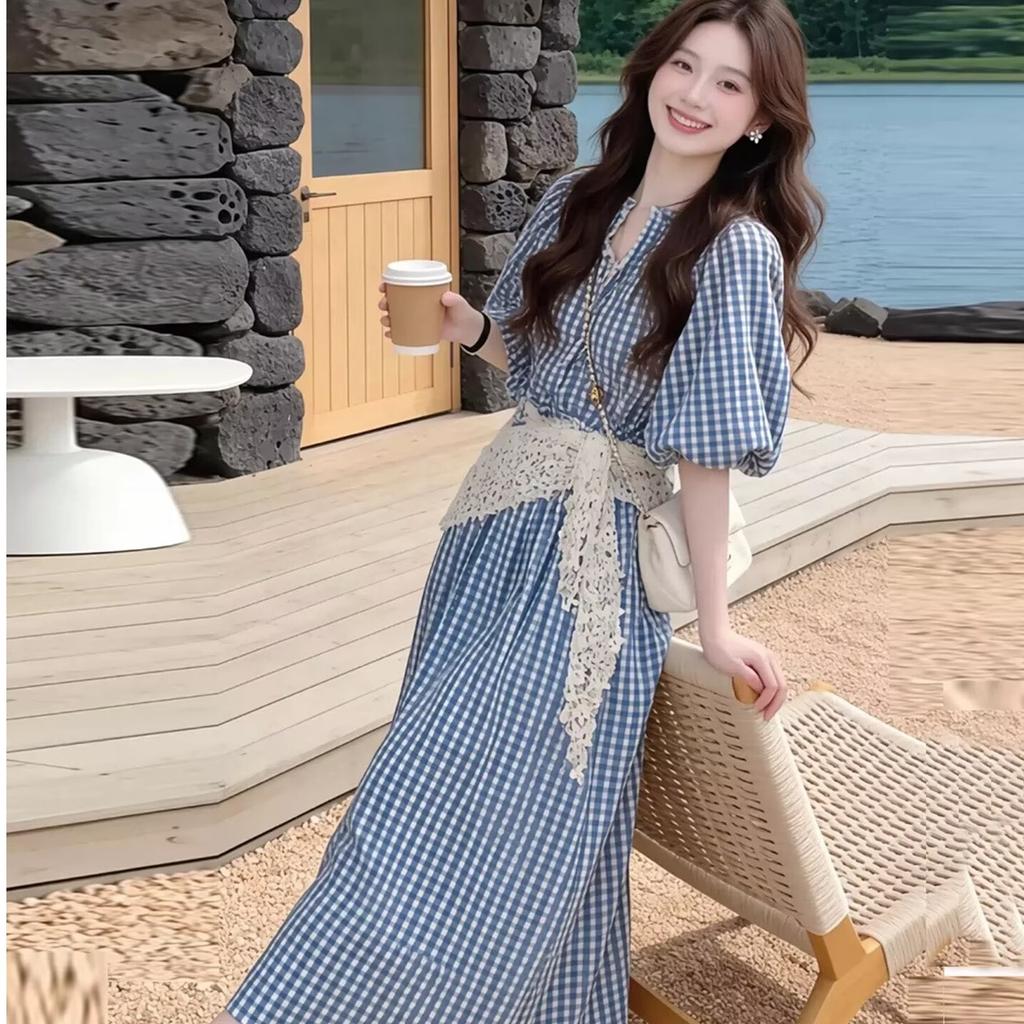 Pure White Moonlight Sweet Wind Blue Plaid Dress Female Summer Japanese Simple College Style Small Fairy Dress