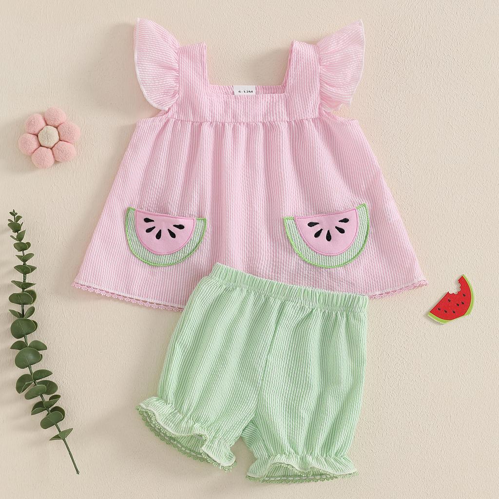 Baby Girl Summer Clothes Stripe Print Flying Sleeve Square Neck Tank Tops Ruffled Shorts Outfit