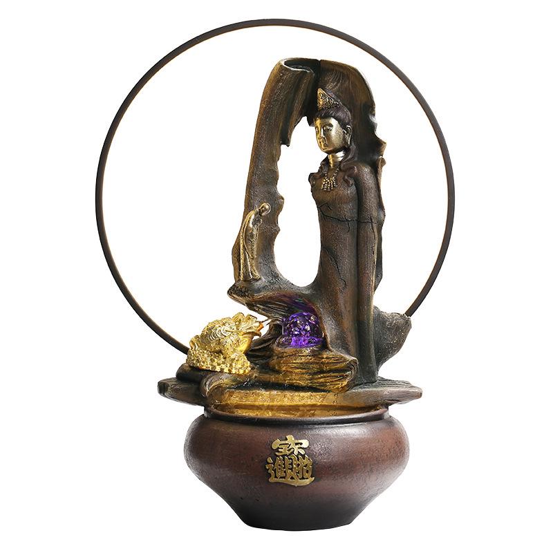 Zen Guanyin Buddha Statue with Golden Cicada Lamp and Flowing Water Fish Tank for Home Entrances.
