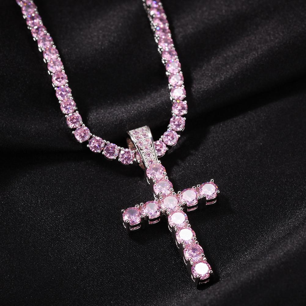 THE BLING KING Mode 4mm Rosa CZ Tennis Kette Mit Kreuz Anhänger Halskette Voll Eiskristall Zirkonia Damen Hiphop Schmuck Geschenk