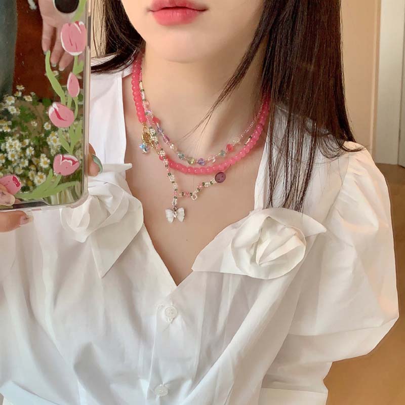Boho Colorful Beaded Butterfly Necklace for Women Girls Handmade Sweet Imitation Pearl Chain Aesthetic Y2K Jewelry Accessories