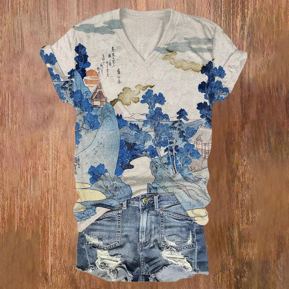 

Летняя футболка с принтом в виде природного пейзажа Ukiyo-e 3D, женская уличная одежда, повседневные футболки, топы Y2k, женские футболки с V-образным вырезом, свободная одежда XXXL